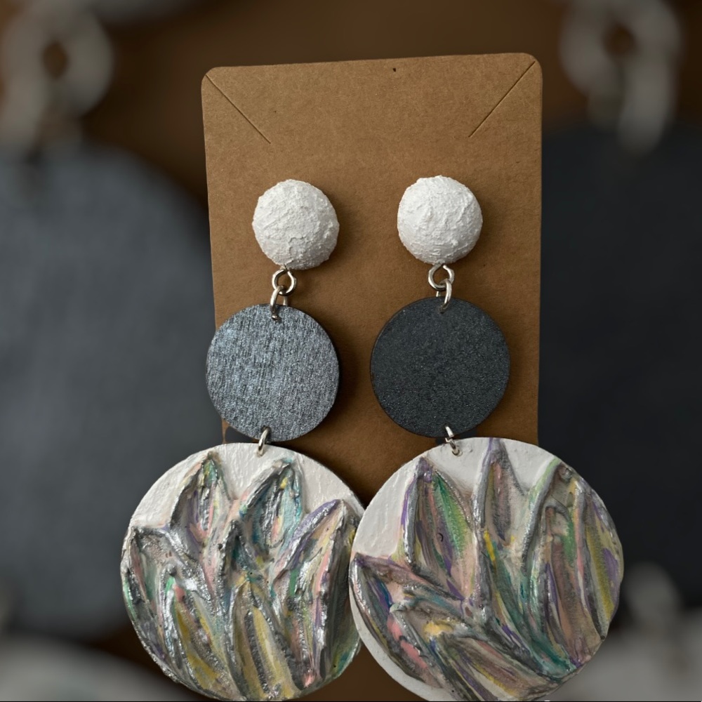 NWOT hand crafted, hand painted wood earrings. With stainless steel accents.